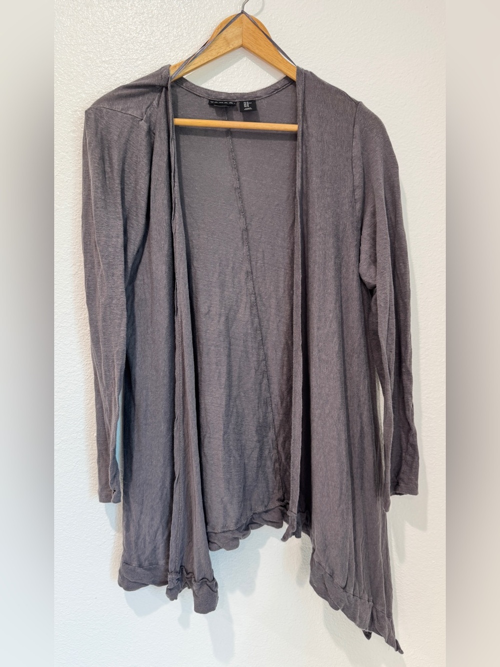 Tahari 100% Linen Purple Gray Knit Cardigan Open Front Asymmetrical Drape XL